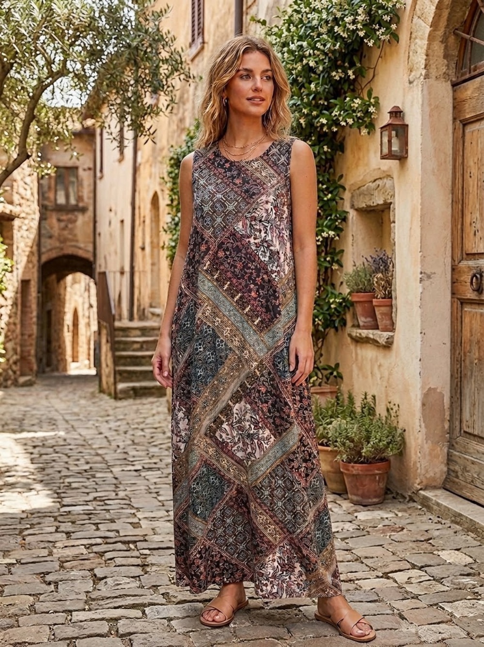 J. Jill Sleeveless Patchwork Maxi Dress in Brown, Green and Cream